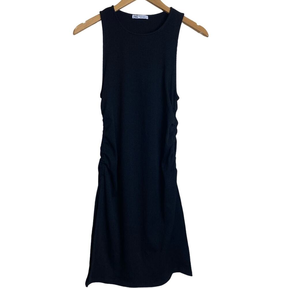 Zara Black Midi Adjustable Length Ribbed Ruched Sleeveless Dress NEW Size Medium